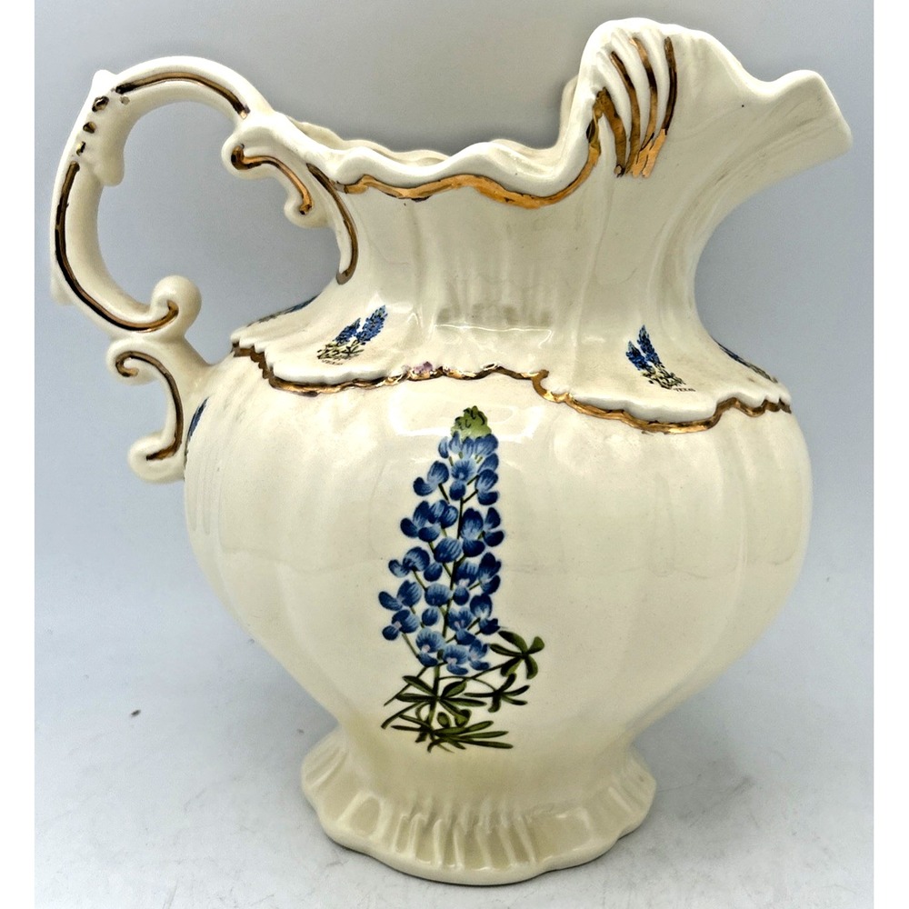 VTG Arnel's White Ceramic Water Pitcher 7" Blue Bonnet Floral & Gold Painted